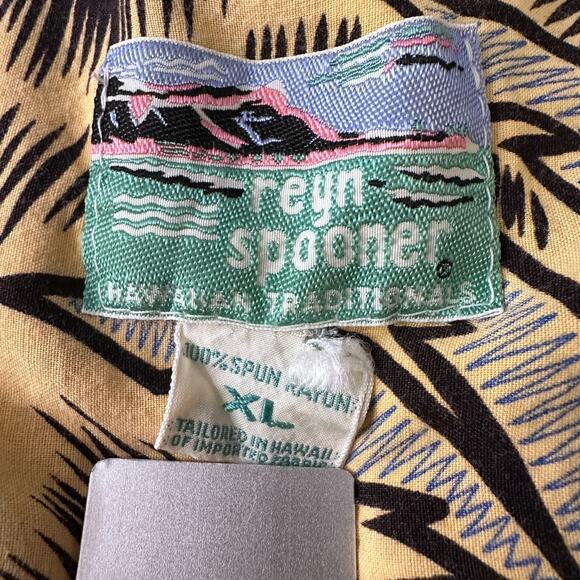 Vintage Reyn Spooner Hawaiian Shirt Men’s XL Yellow Hula Girls Palm Trees Button - Picture 7 of 10